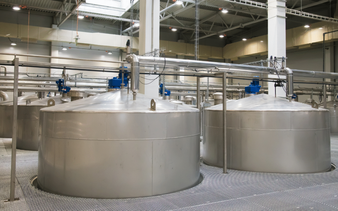 Modern grain processing facility with silos and conveyor systems